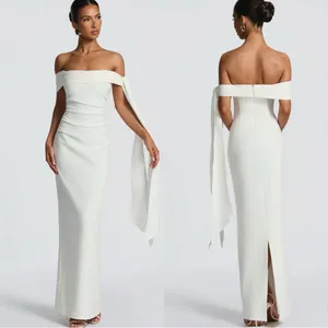 BABYBOO Addie Off Shoulder Ruched Ivory Crepe Maxi Dress thumbnail 2