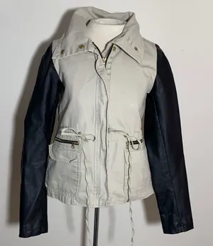 Women’s JJ utility jacket coat canvas contrast sleeves faux Leather small tan thumbnail 1
