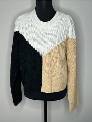 Sincerly Jules Cozy Three-Tone Chevron Crew Sweater - White, Black & Beige thumbnail 1