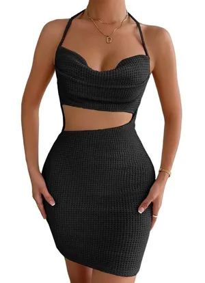 SHEIN BAE Cut Out Draped Tie Backless Halter Bodycon Dress in Black, Size S‌‌‌ thumbnail 1