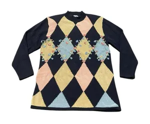 Vintage Women’s Koret Argyle Sweater‎ Floral Navy Pink Medium thumbnail 1