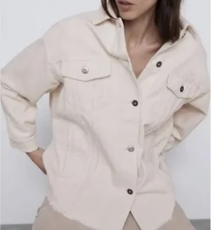 ZARA Corduroy Oversized Shacket Raw Hem Frayed Shirt Jacket Cotton Ivory XS thumbnail 1