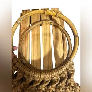Boho Jute Macramé wood Ring‎ Handle Purse Bag Open Weave Tan Natural thumbnail 3