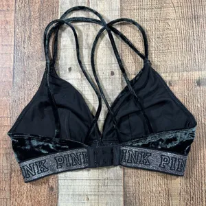 Pink Victoria's Secret Black Crushed Velvet Bralette Silver Logo Band Small Bra thumbnail 3