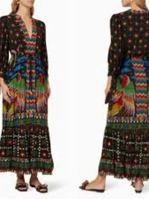 Farm Rio Macaw Night Maxi Dress Womens‎ XS Black Multi Tropical Boho thumbnail 3