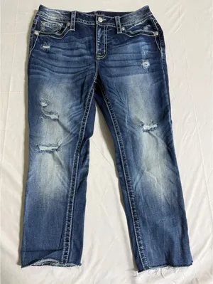 Miss Me Curvy Skinny Distressed Jeans Medium Wash Raw Hem M584B Size 33 thumbnail 1