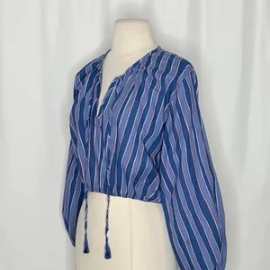 NATALIE MARTIN Amelia Top Batik Stripe Navy Cotton Tassel Tie Blouse Top Small thumbnail 7