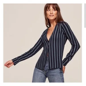 Reformation Risque Top‎ Two Button Long Sleeve Sinatra Stripes Blue XS thumbnail 1