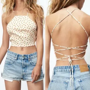 ZARA Watermelon Print Satin Effect Crisscross Lace-Up Tie Back Crop Top‎ Size XS thumbnail 3
