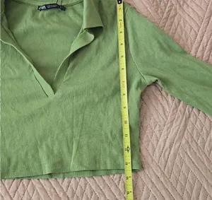 NWT Zara Green Ribbed Crop Top long sleeve collar medium thumbnail 6
