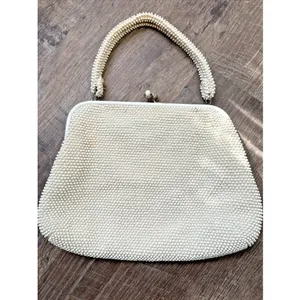 60s Beaded White Handbag Handle Evening Bag Purse USA Two Sided thumbnail 2
