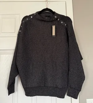 Tahari Metallic Grey Button Detail Viscose Blend Sweater MSRP$88 NWT thumbnail 1