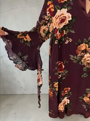 Blu Pepper Burgundy Floral V-Neck Mini Dress with Bell Sleeves‎ thumbnail 3