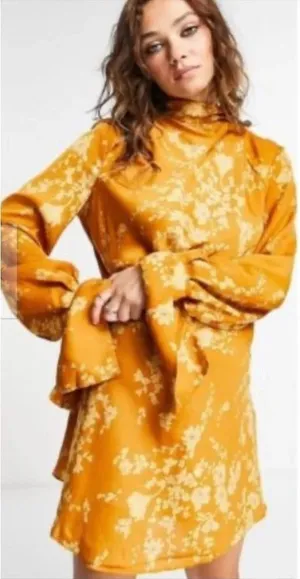 Free People‎ Dress Aries Floral High Neck Open Back Dress Gold Floral XS thumbnail 1