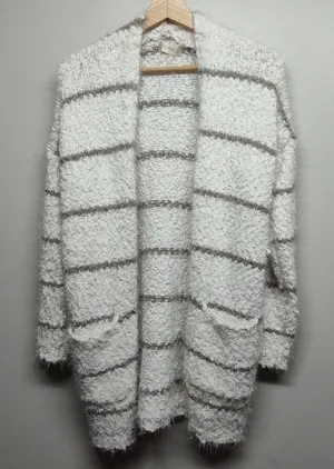 Altar'd State Women's M Ivory/Gray Striped Fuzzy Knit Open Front Cardigan thumbnail 1