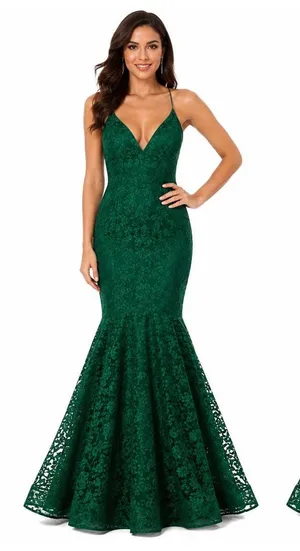 2010s Studio 17 12802 Emerald Beaded Lace Mermaid Prom Gown Open Back Size 8 thumbnail 1