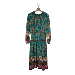 Current Air Los Angeles Green Floral Smocked Midi Dress Boho Velvet Trim Small thumbnail 3