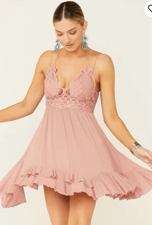 NWT Free People Adella Slip Lace short Dress Plunging Neckline Pink Rose ~ Small thumbnail 1