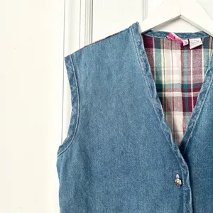 Metro Express Vintage Denim Chambray Red Plaid Flannel Back Button Vest L 14/16 thumbnail 2