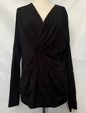 Kenarr Faux Wrap Knit Womens Top Sz L Y2K Minimal Black V-Neck Long Sleeve= thumbnail 1