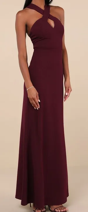 NEW Lulus Keep You Enchanted Dark Purple Cutout Halter Mermaid Maxi Dress thumbnail 1