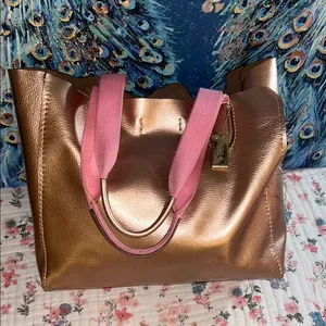 Coach Rose Gold Metallic Tote Bag with Pink Canvas Straps thumbnail 1