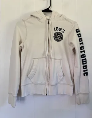Abercrombie & Fitch Women Cream Full Zip Hoodie Logo Sleeve Vintage 1892 Large thumbnail 1