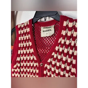 Source Unknown Damson Madder crochet sleeveless cardigan top red and ivory checkered pattern thumbnail 6