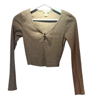 Bozzolo Women’s Cropped Henley Style Shirt Brown Taupe Size Small thumbnail 1