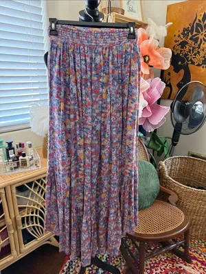 Free People Multi Watercolor Bloom Floral Smocked Boho Hippie Midi Maxi Skirt thumbnail 2