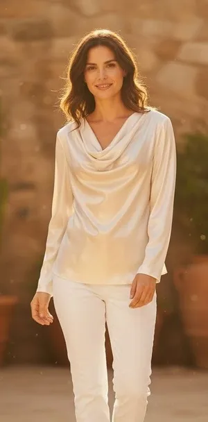 Diomi Reversible Cowl Neck Satin Blouse White Gold‎ Medium NWT thumbnail 1