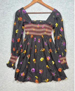Urban Outfitters‎ Dress XS Isobel Black Floral Smocked Long Sleeve Boho Mini thumbnail 1