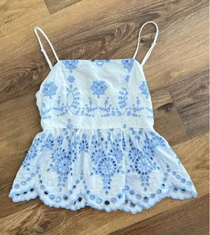 Embroidered Eyelet Peplum Tank Frill Detail in Baby Blue‎ Small Flounce Fairy thumbnail 1