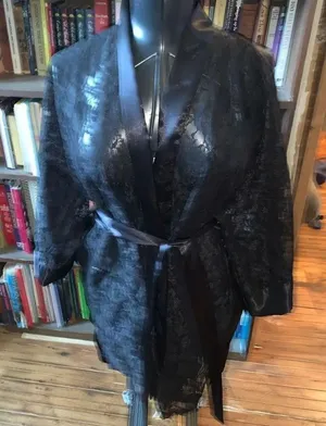 Victoria’s Secret gold label black lace silky semi sheer vintage belted O/S robe thumbnail 1