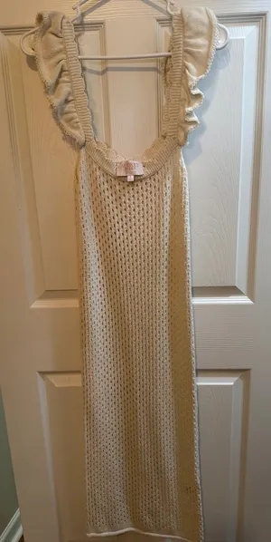 Cream Crochet Knit Ruffle Strap Dress or Coverup Size Small thumbnail 1