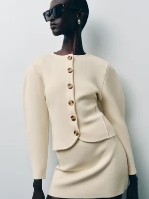 Zara Blogger's Favorite Cream Balloon Sleeve Knit Cardigan Sweater Medium thumbnail 3