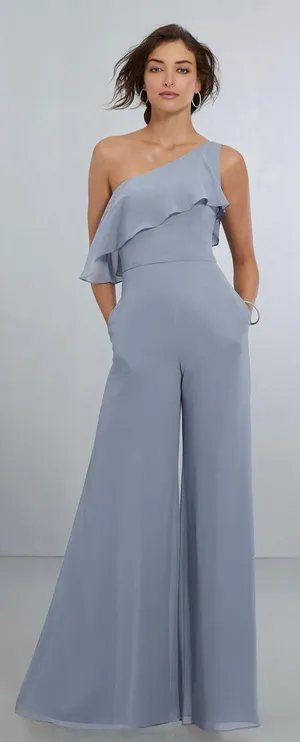 Chiffon One Shoulder Jumpsuit Blue Size 2 thumbnail 1
