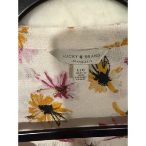 Lucky Brand Floral Peasant Blouse Womens Large White Pink Yellow Smocked 7WP4242 thumbnail 2