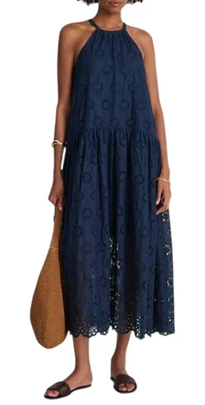 Madewell Floral Eyelet Embroidered Drop Waist Maxi Dress Women's XS NEW Navy thumbnail 1