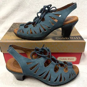 Cobb Hill 7M Sasha Lace Up Cutout Heel Dusty Blue Boho Comfort‎ Leather Sexy thumbnail 1