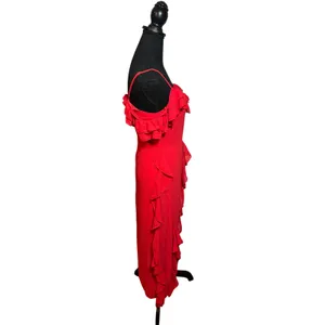EillyBazar Red Ruffle Cold Shoulder Midi Dress Adjustable Straps Fairy Holiday thumbnail 2