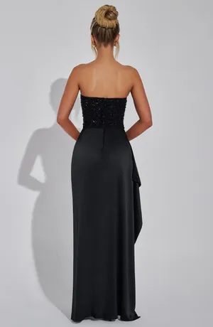 Babyboo emrielle Strapless Black Satin maxi Dress with Beaded Corset and slit thumbnail 5