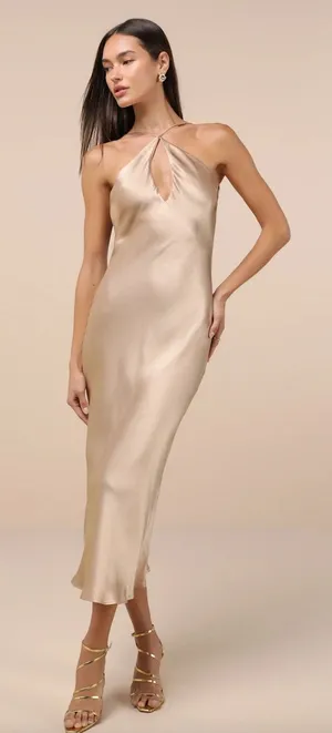 Lulus Sleek and Sweet Champagne Satin Cutout Backless Slip Midi Dress XL NWT thumbnail 1