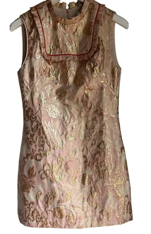 Sandro Paris Metallic Jacquard Mini Dress Size 1 Pink Gold Ruffle thumbnail 1