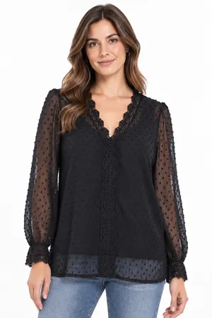 Black Semi-Sheer Swiss Dot V-Neck Relaxed Fit Long Sleeve Blouse thumbnail 1