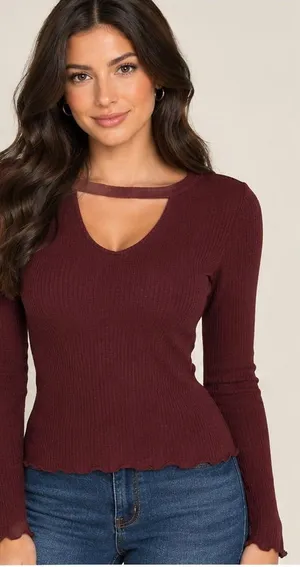 Burgundy ribbed tunic keyhole front and unique tie back Red thumbnail 1