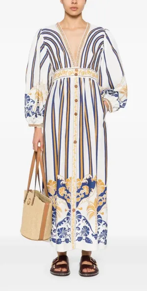 FARM Rio Pineapple Deco Maxi Dress Puff Sleeve Size Medium thumbnail 1