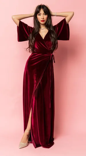 BALTIC BORN Meghan Velvet Wrap Maxi Dress Mulberry Purple Red Tie Waist X-Small thumbnail 1