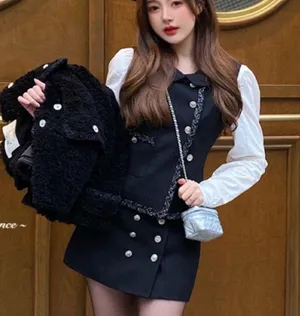 Luxury Navy Blue Gold Buttoned Formal Vintage Tweed Babydoll Slim Blazer Vest thumbnail 6