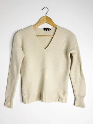 Theory Ivory 100% Cashmere V-Neck Sweater Size P Petite Flawed thumbnail 9